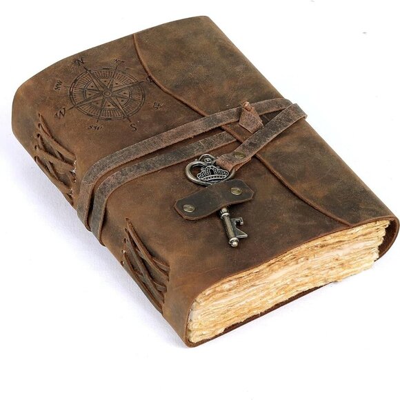 C Compass Vintage Leather Journal - Antique Handmade Leather Bound journal with - Picture 1 of 10